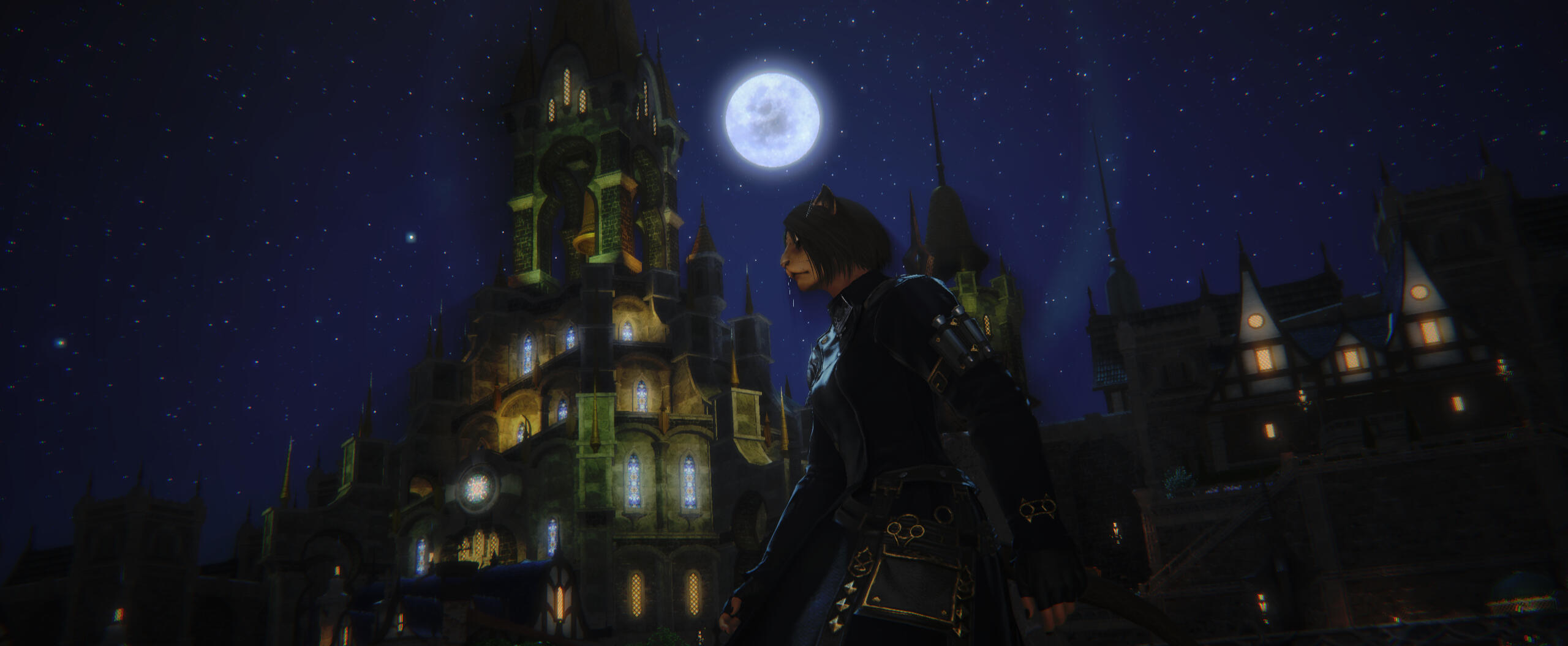 Kreja standing near water with the night sky behind her. Her astroglobe hovers over her hand.