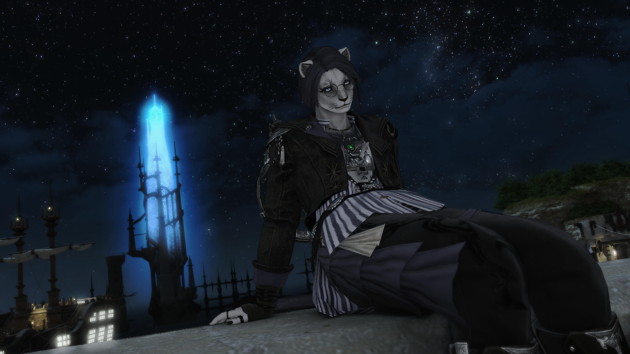 Kreja sits on a ledge in Limsa Lominsa at night. She is leaning back with a melancholic look.