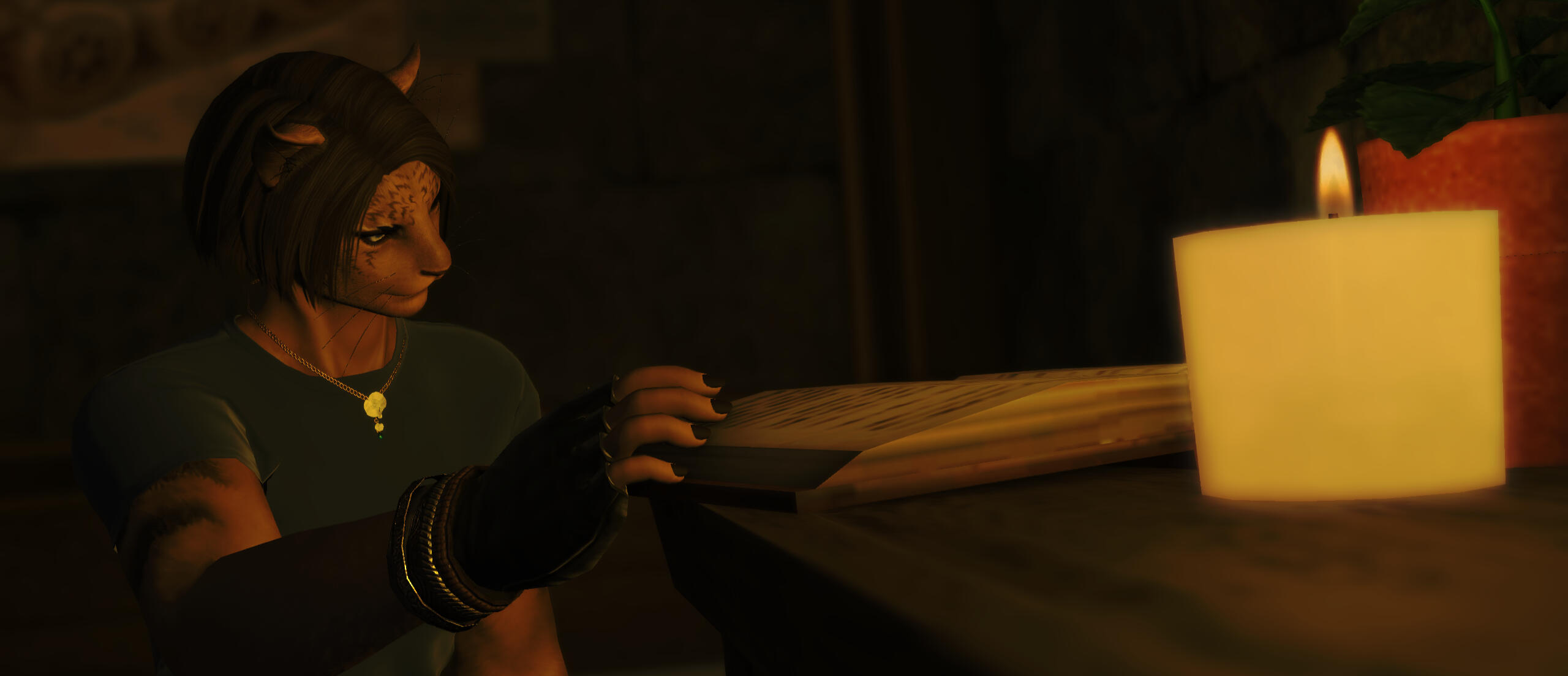 Kreja is sitting on a bed next to a table with a book on it. She is reading it by the light of a nearby candle.