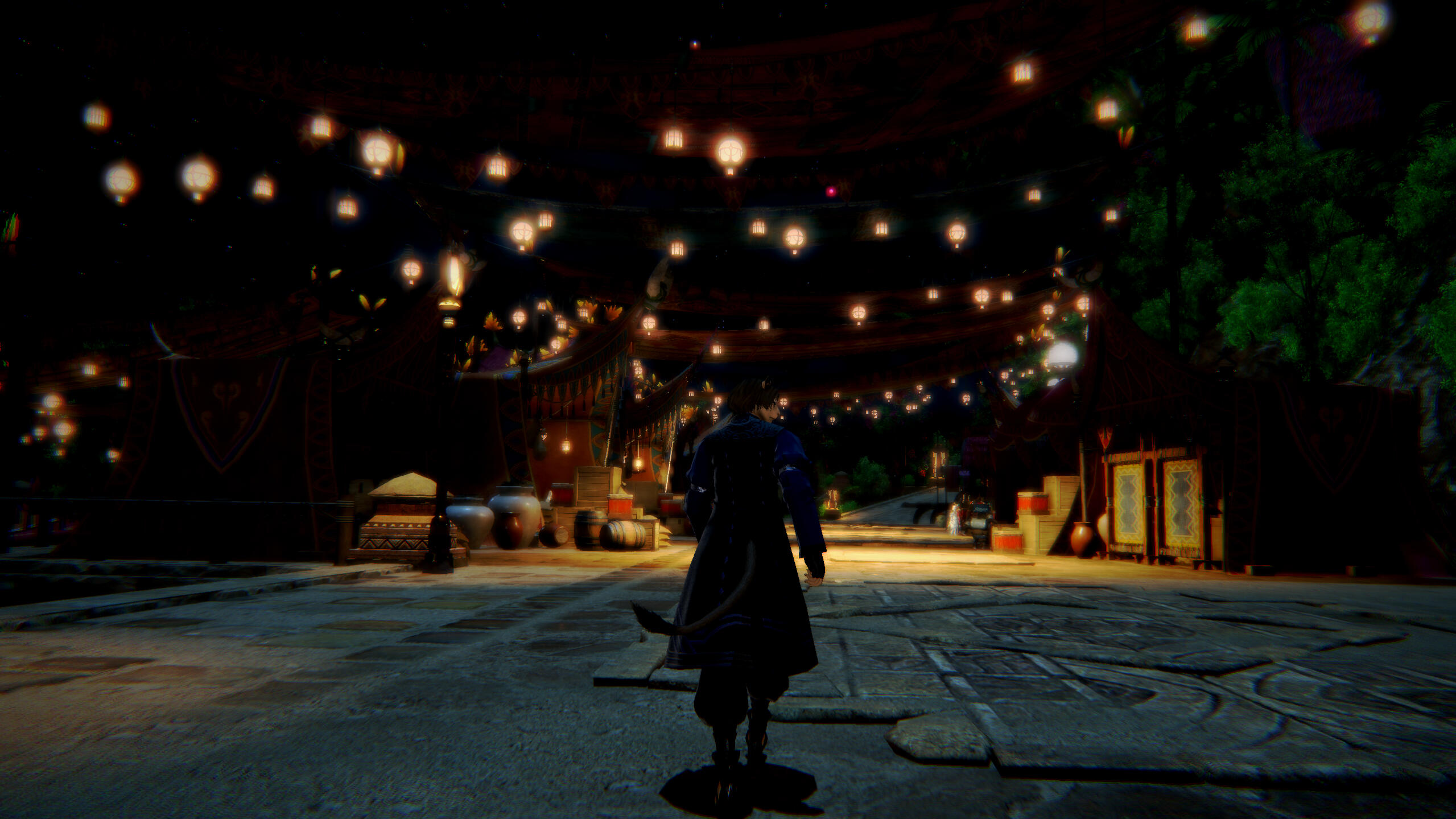 Kreja walks beneath hanging lanterns on a dark Turali night.