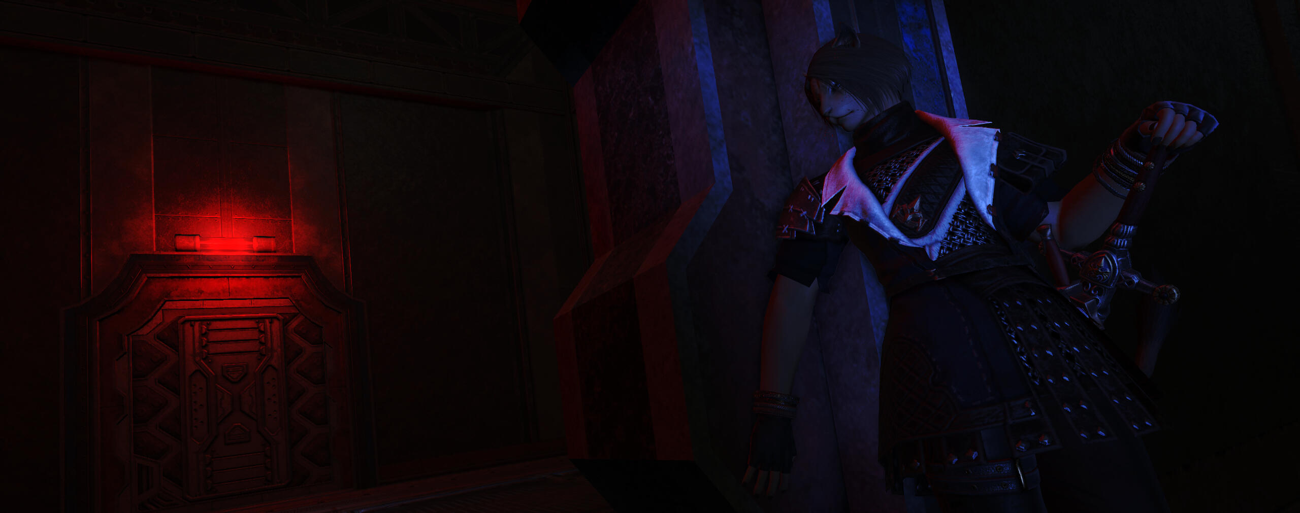 Kreja with her back against a metal, Garlean wall. She is peering out of a door into a hallway with another door and a red light.