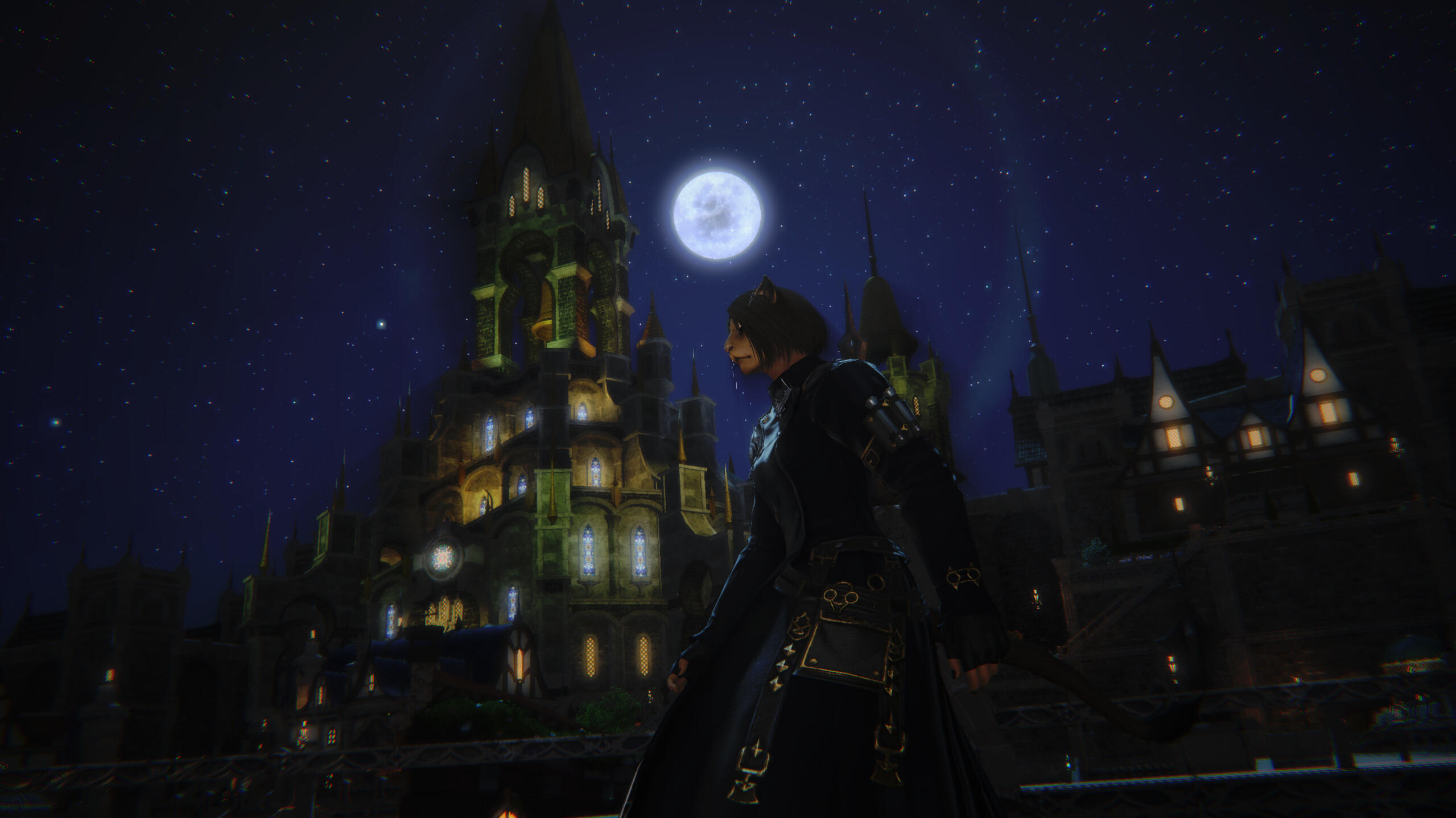 Kreja walks through Ishgard in the dead of night, with the moon looming overhead.