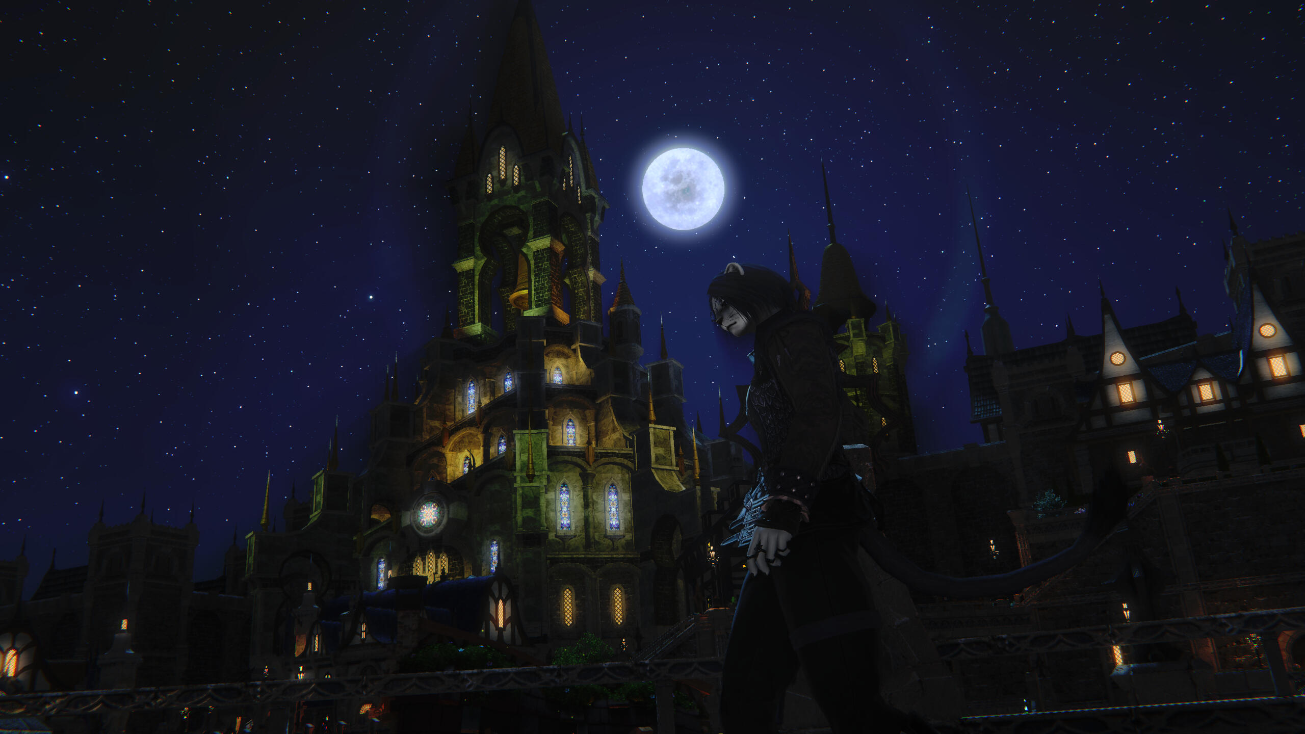Kreja walks through Ishgard in the dead of night, with the moon looming overhead.