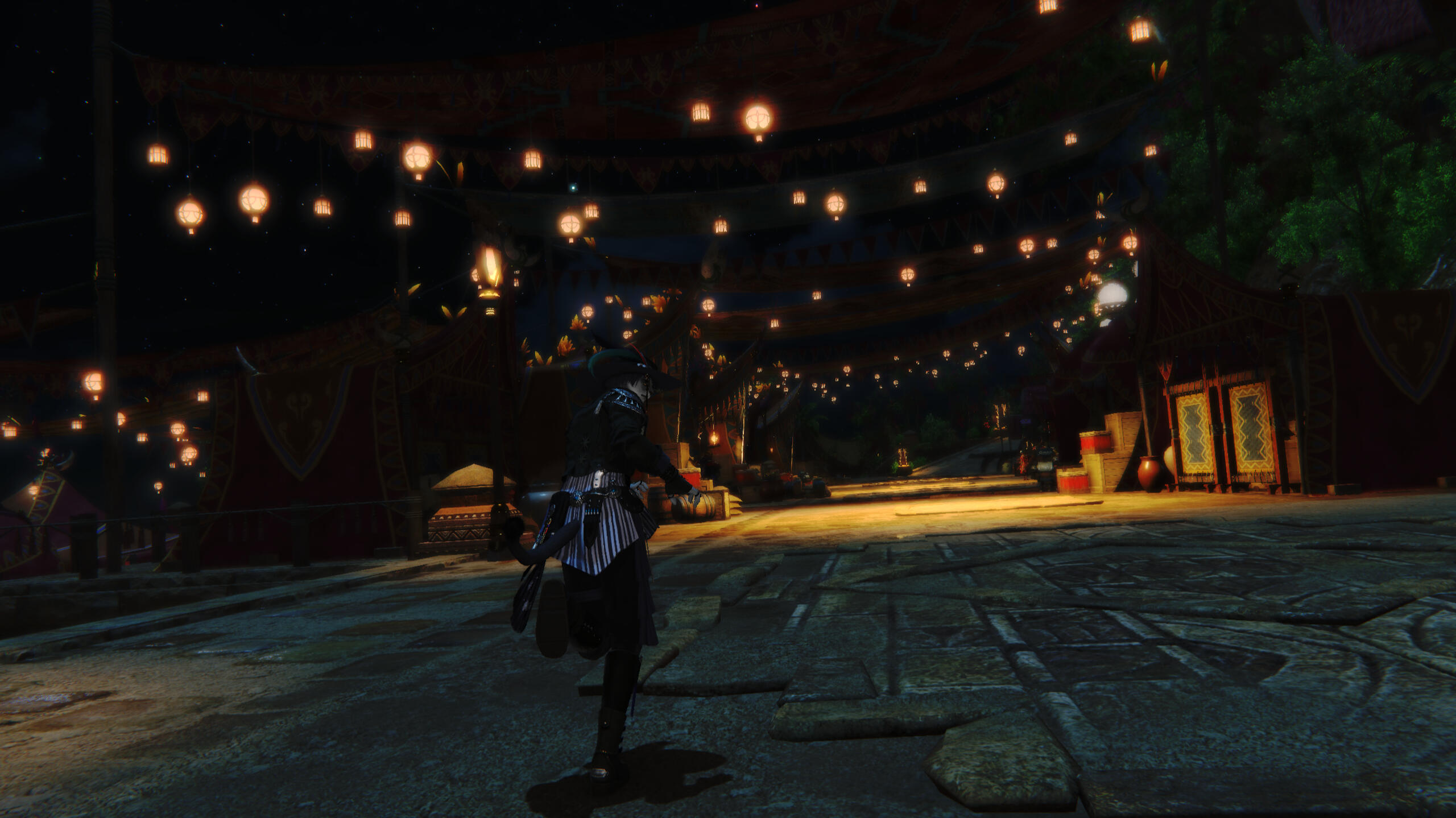 Kreja runs beneath hanging lanterns on a dark Turali night. She looks back over her shoulder toward her pursuer.