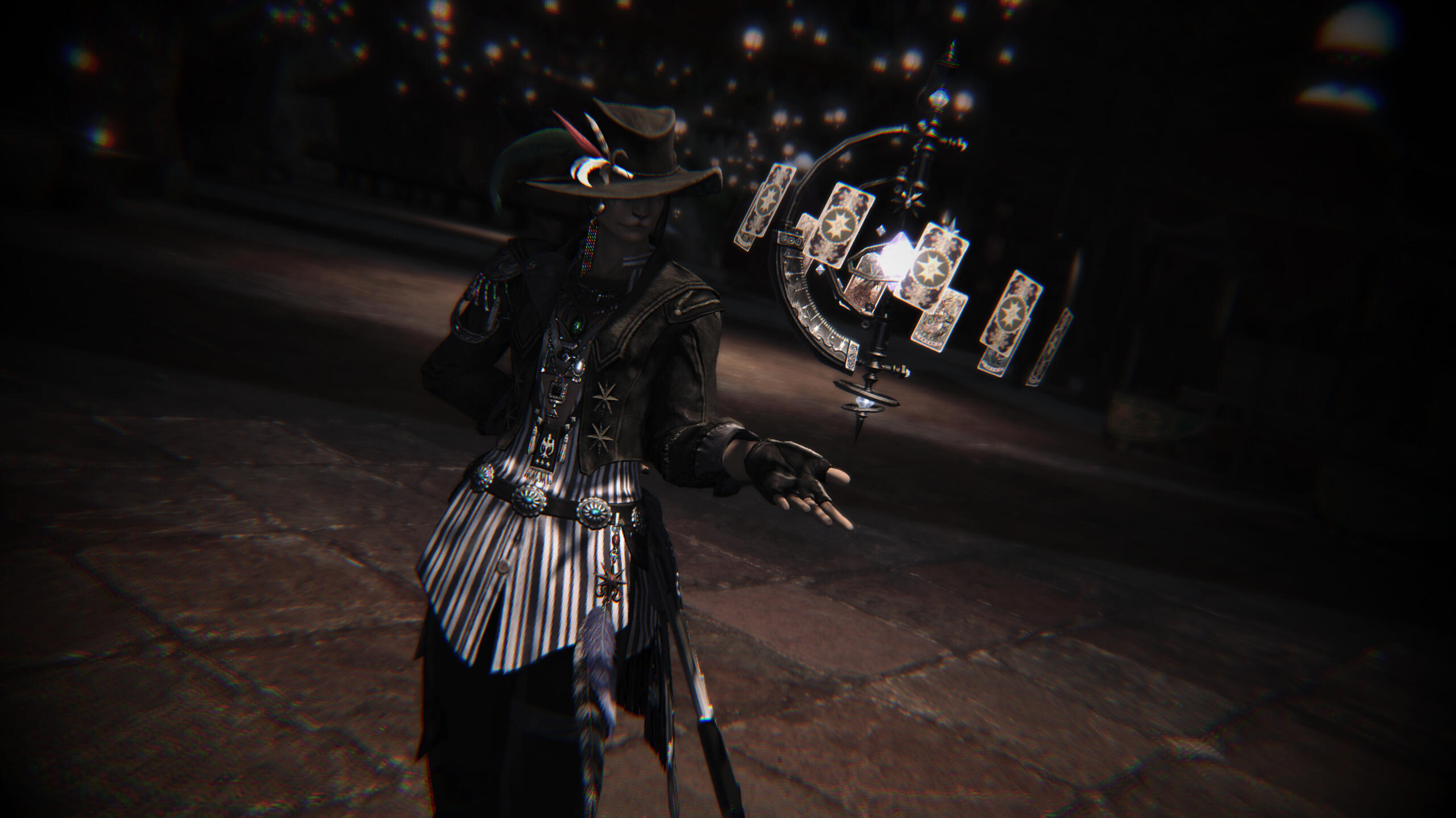Kreja stands shadowed in a darkened street. The brim of a hat covers her eyes, and she holds her palm upward, astrologian weapon hovering idly above it.
